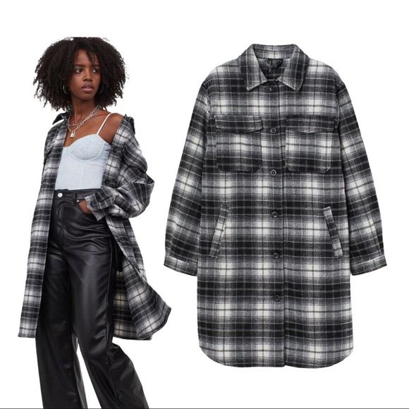 H&M Shacket Long Shirt Jacket Black and White Plaid Bloggers Favorite SMALL BNWT - Picture 1 of 9